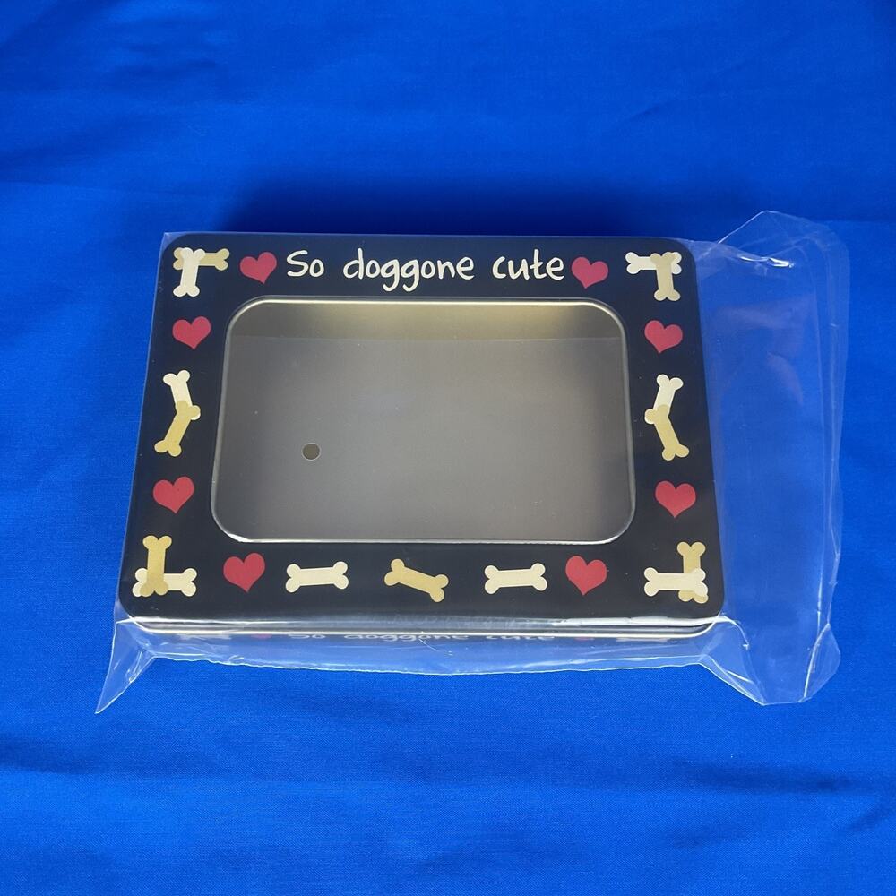 So Doggone Cute Metal Tin Window Lid Dog Treats Storage Memory Box Hearts Bones